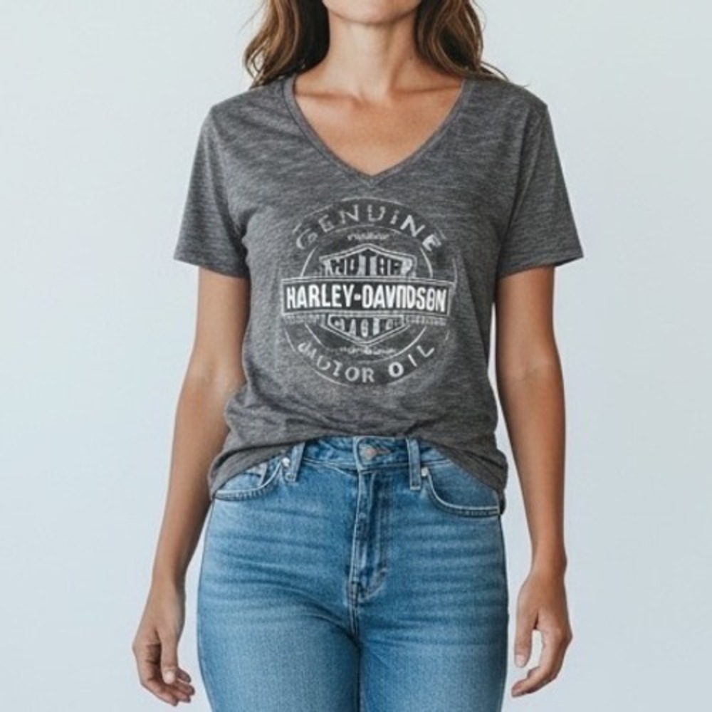 HARLEY-DAVIDSON Texas Longhorn‎ V-Neck Graphic Tee Gray Space Dye Women's L